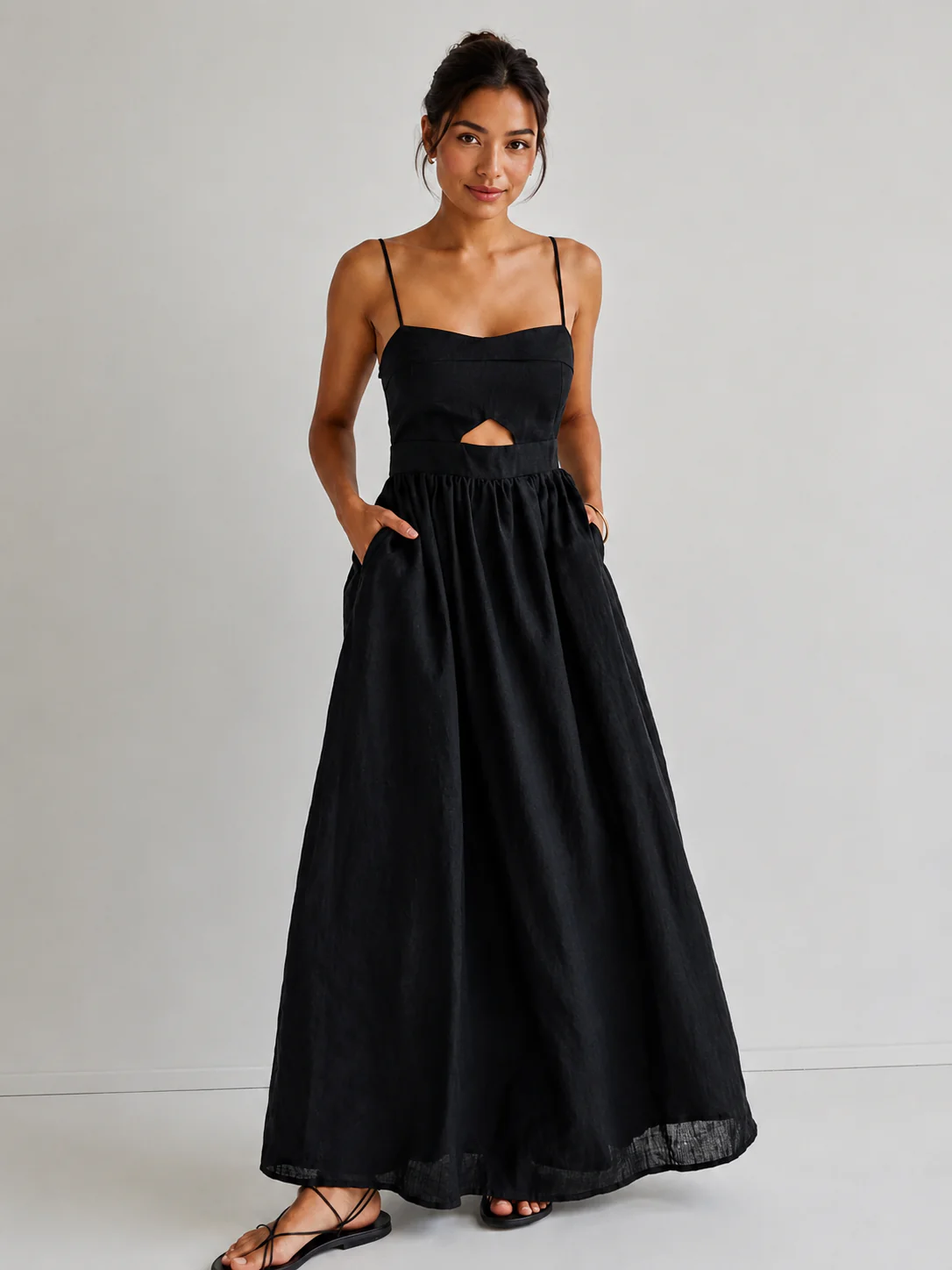 Vestido largo de algodón sin mangas con bolsillos y aberturas