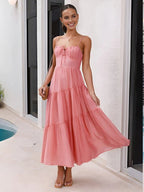 Vestido largo de tirantes con volantes y diseño fruncido en la espalda semitransparente