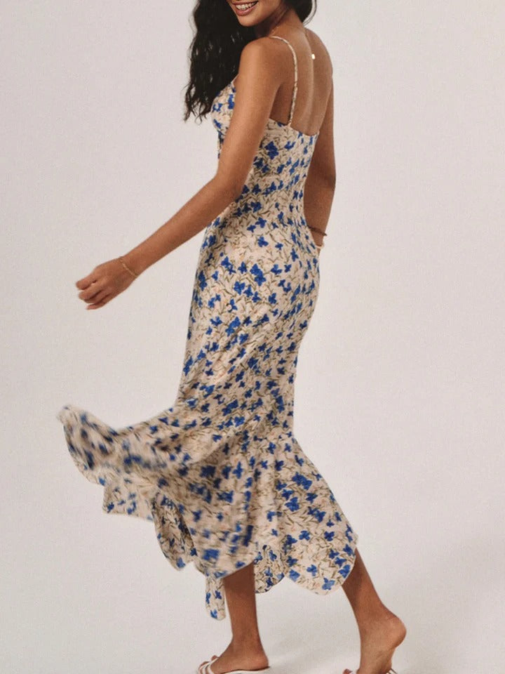Vestido largo con estampado floral, bajo irregular y nudos