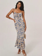 Vestido largo con estampado floral, bajo irregular y nudos