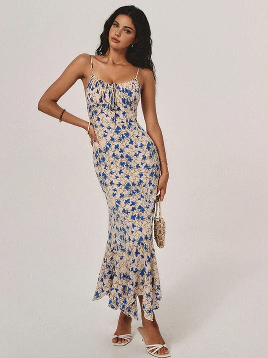 Vestido largo con estampado floral, bajo irregular y nudos