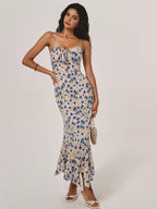 Vestido largo con estampado floral, bajo irregular y nudos