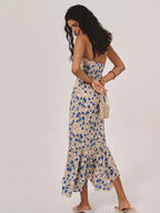 Vestido largo con estampado floral, bajo irregular y nudos