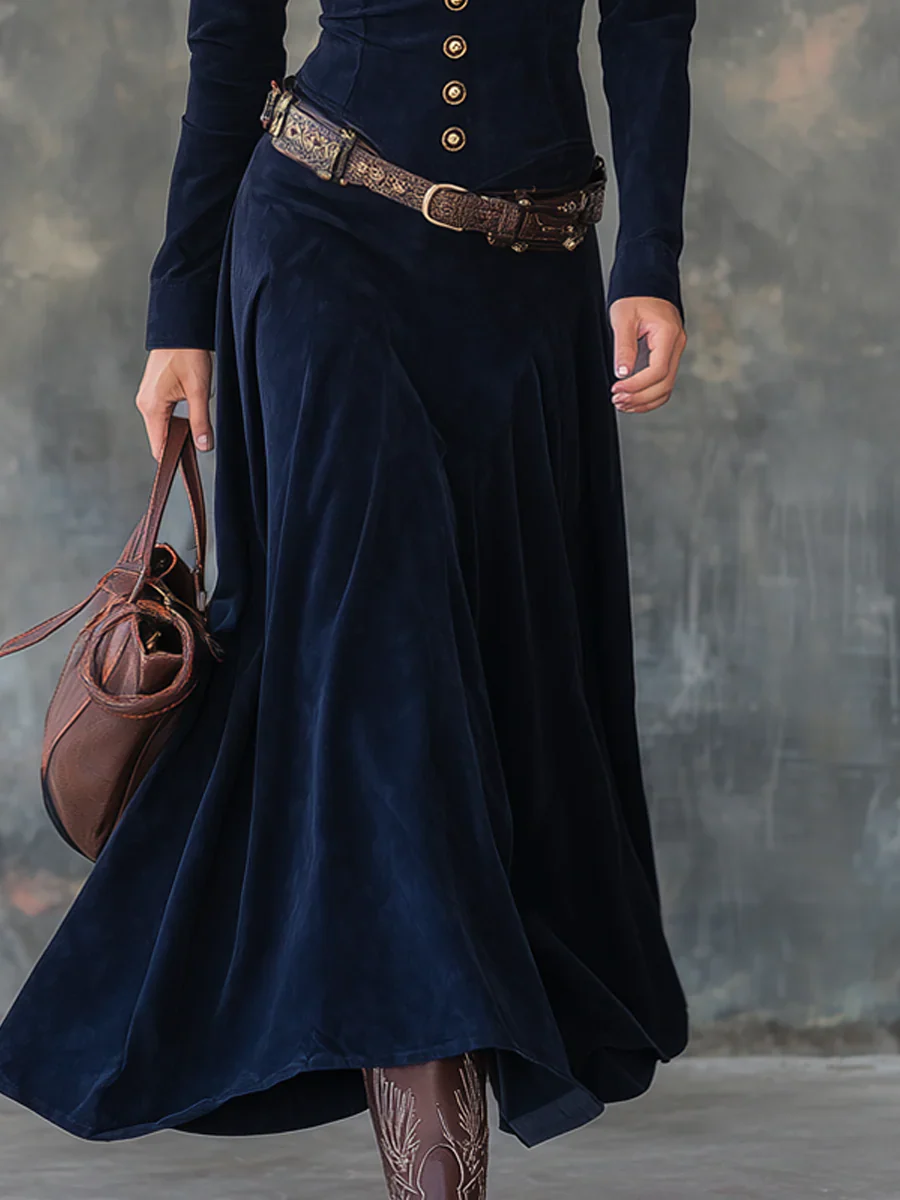 Candela I Vestido largo vintage de Poliéster con bolsillos de solapa (Incluye cinturón)
