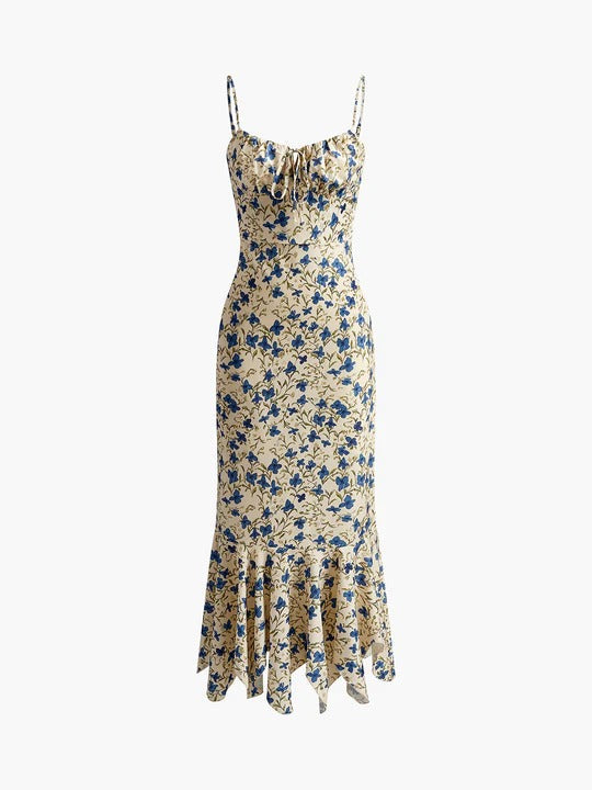 Vestido largo con estampado floral, bajo irregular y nudos