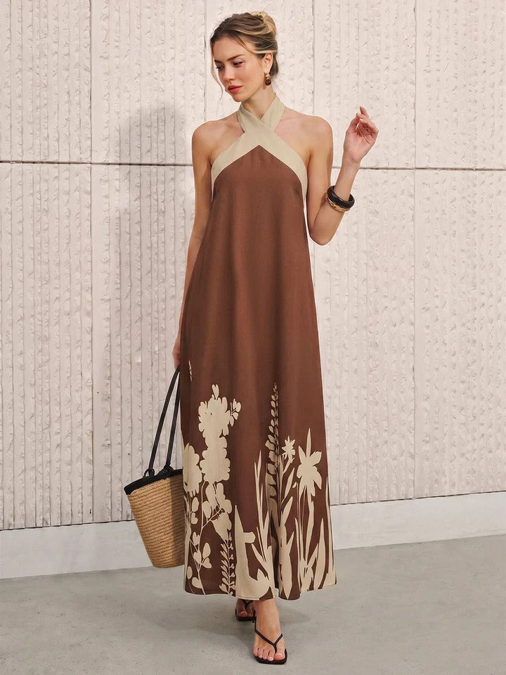 Vestido midi con estampado floral y cuello halter