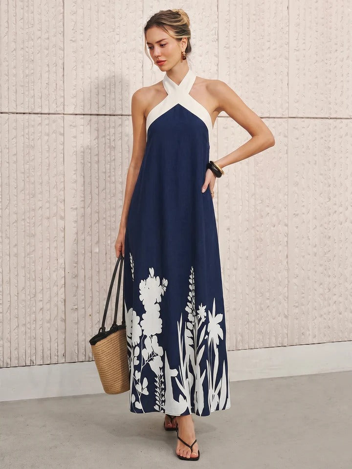 Vestido midi con estampado floral y cuello halter