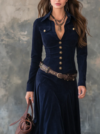 Candela I Vestido largo vintage de Poliéster con bolsillos de solapa (Incluye cinturón)