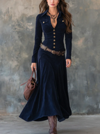 Candela I Vestido largo vintage de Poliéster con bolsillos de solapa (Incluye cinturón)