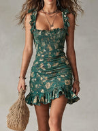 Vestido Mini Estampado Verde Bohemio con Volantes