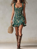 Vestido Mini Estampado Verde Bohemio con Volantes