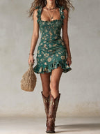 Vestido Mini Estampado Verde Bohemio con Volantes