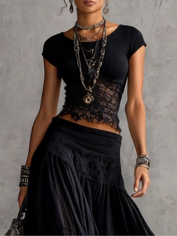 Zorina | Conjunto de Encaje con Falda Maxi Plisada