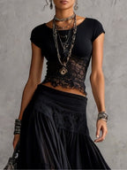 Conjunto Top de Encaje Negro Transparente y Falda Maxi Plisada