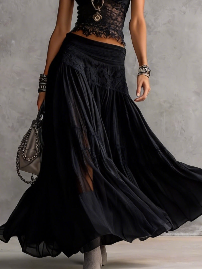 Conjunto Top de Encaje Negro Transparente y Falda Maxi Plisada