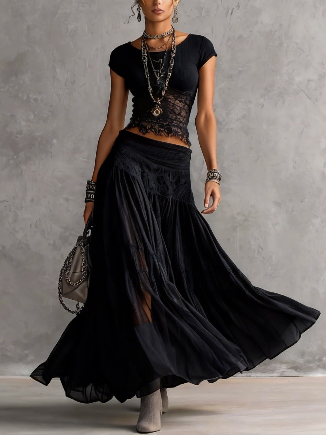Zorina | Conjunto de Encaje con Falda Maxi Plisada