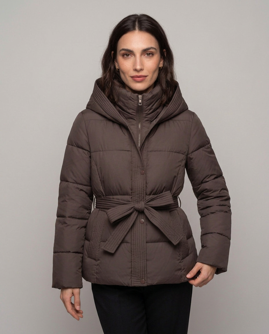 Chaqueta Acolchada Corta con Cinturón y Capucha