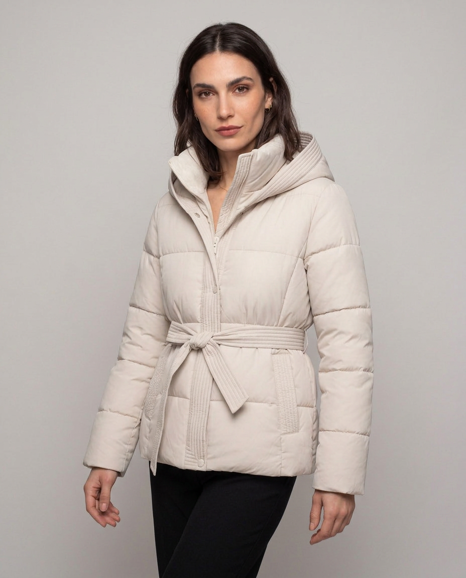 Chaqueta Acolchada Corta con Cinturón y Capucha