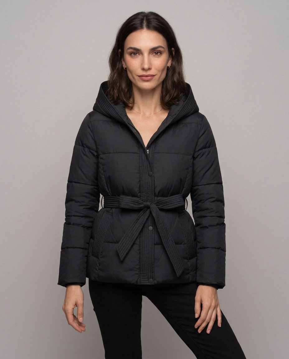 Chaqueta Acolchada Corta con Cinturón y Capucha