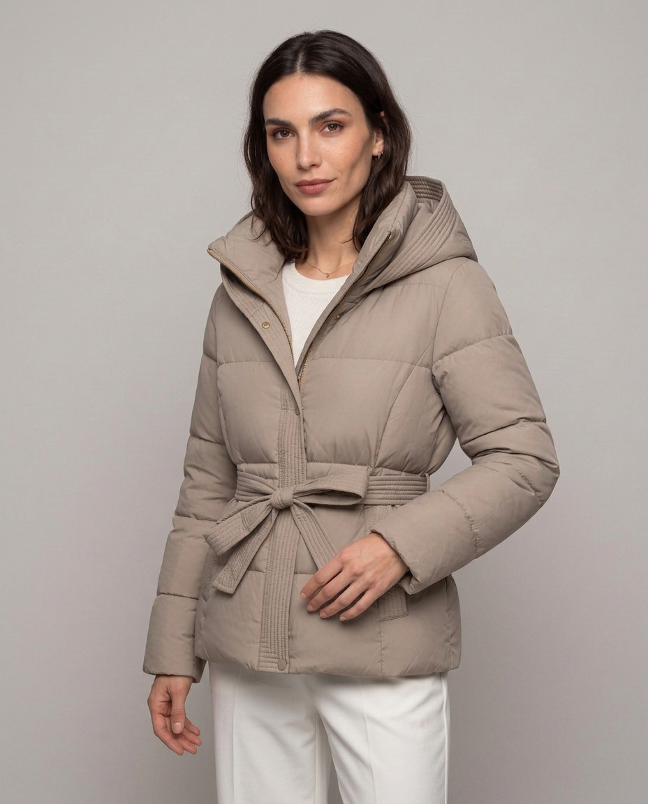 Chaqueta Acolchada Corta con Cinturón y Capucha