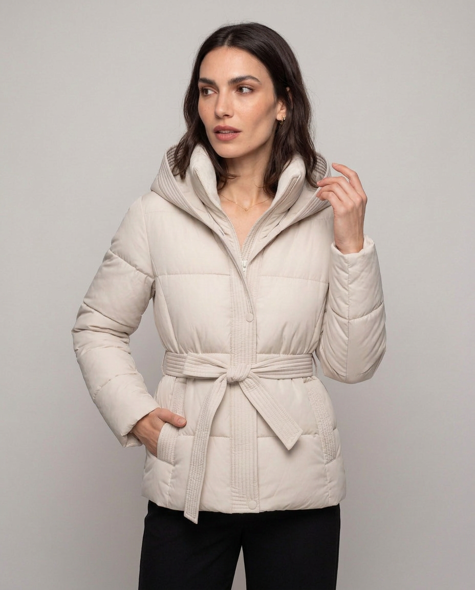 Chaqueta Acolchada Corta con Cinturón y Capucha