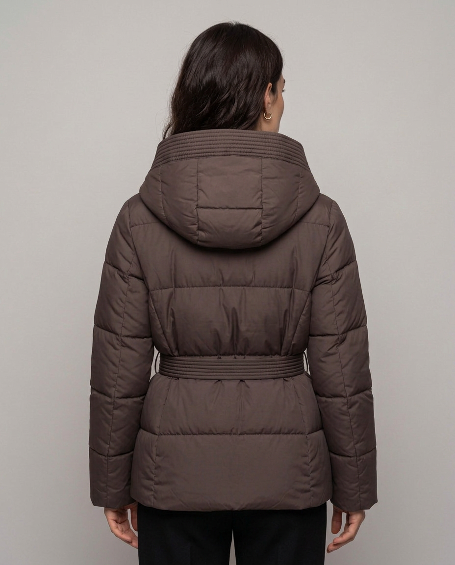 Chaqueta Acolchada Corta con Cinturón y Capucha