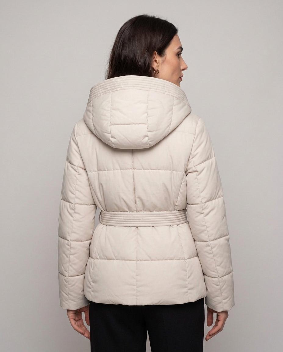 Chaqueta Acolchada Corta con Cinturón y Capucha