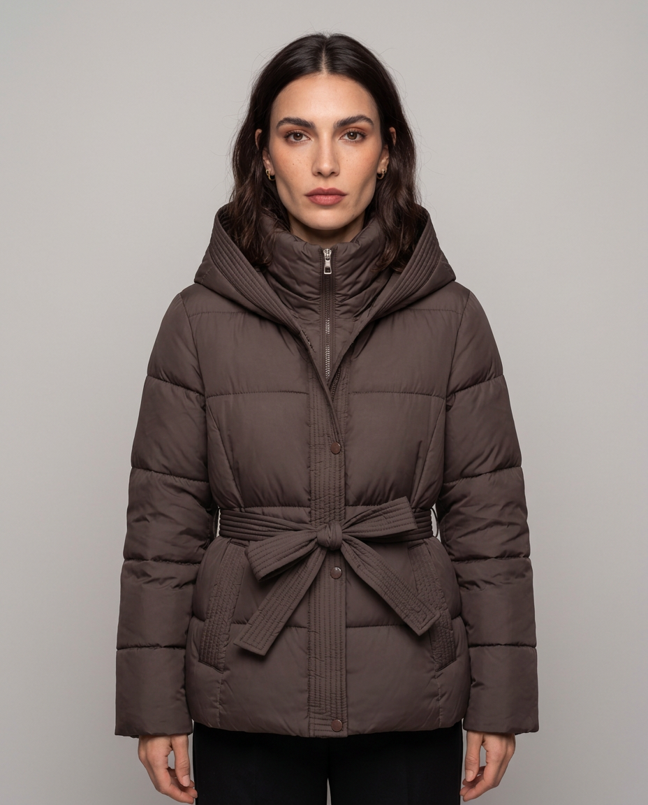 Chaqueta Acolchada Corta con Cinturón y Capucha