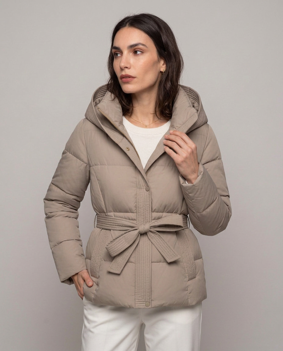 Chaqueta Acolchada Corta con Cinturón y Capucha