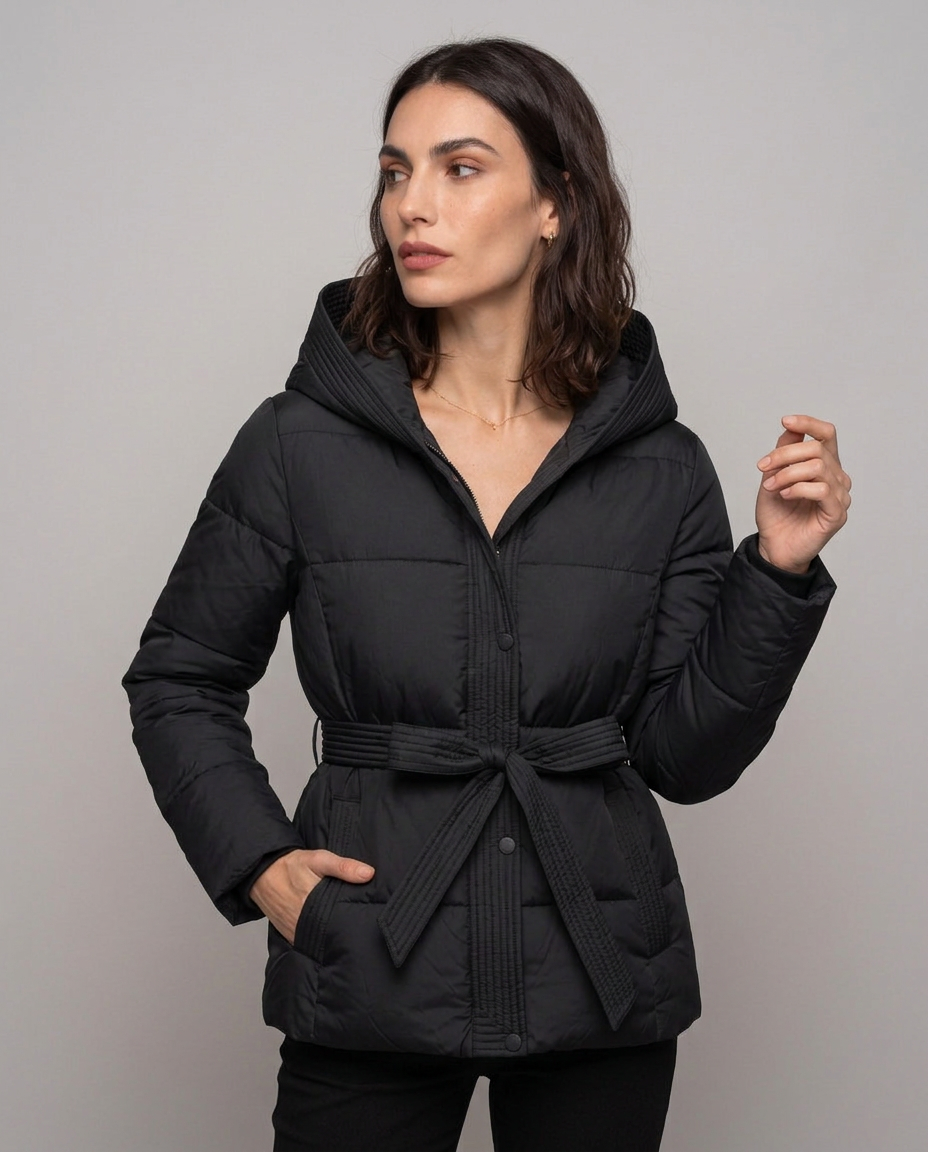 Chaqueta Acolchada Corta con Cinturón y Capucha