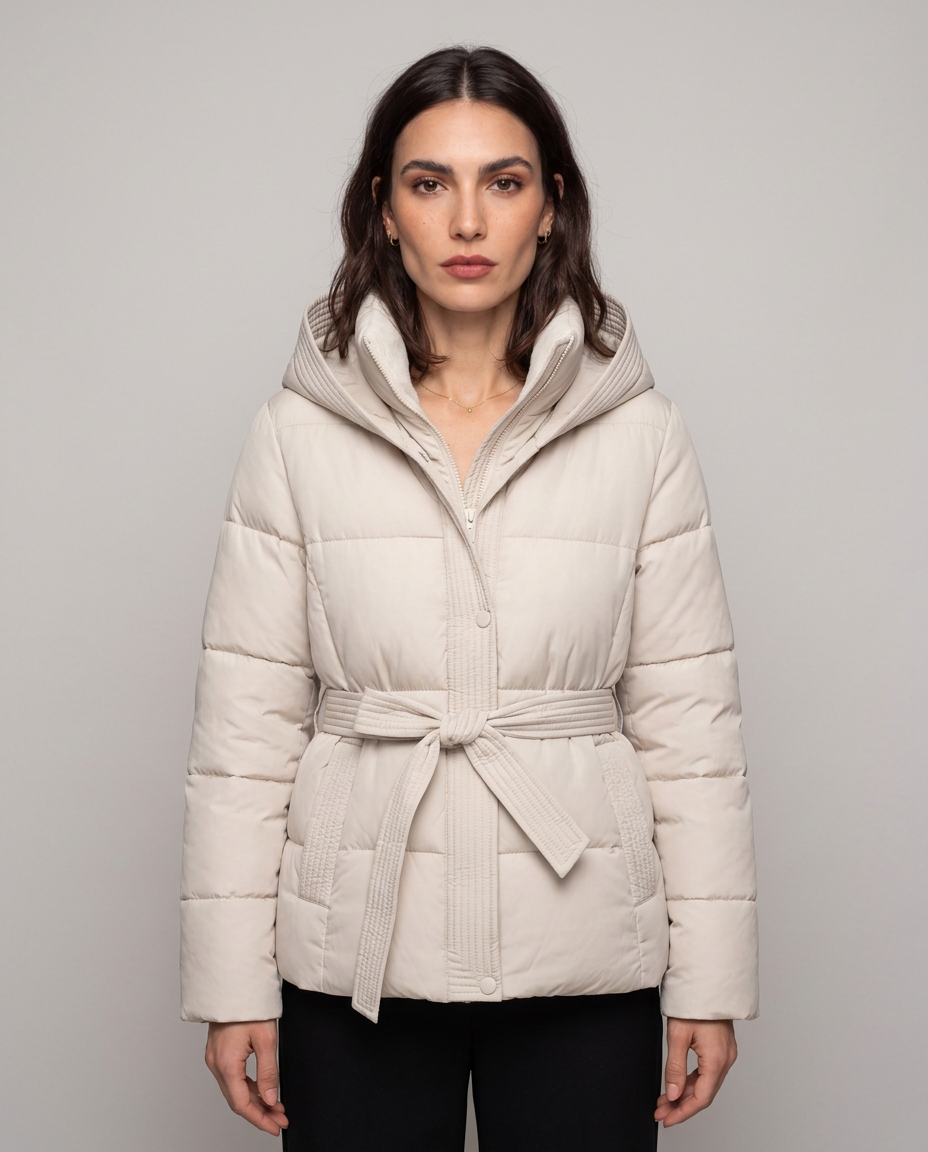 Chaqueta Acolchada Corta con Cinturón y Capucha