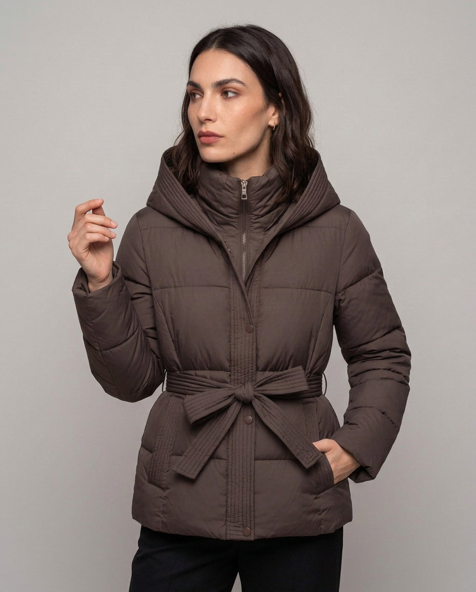 Chaqueta Acolchada Corta con Cinturón y Capucha