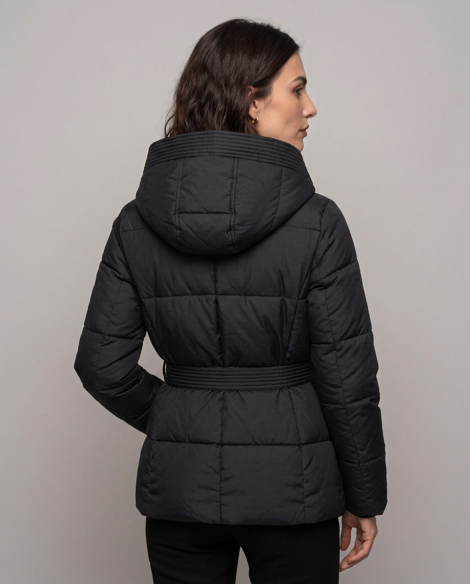 Chaqueta Acolchada Corta con Cinturón y Capucha