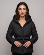 Chaqueta Acolchada Corta con Cinturón y Capucha