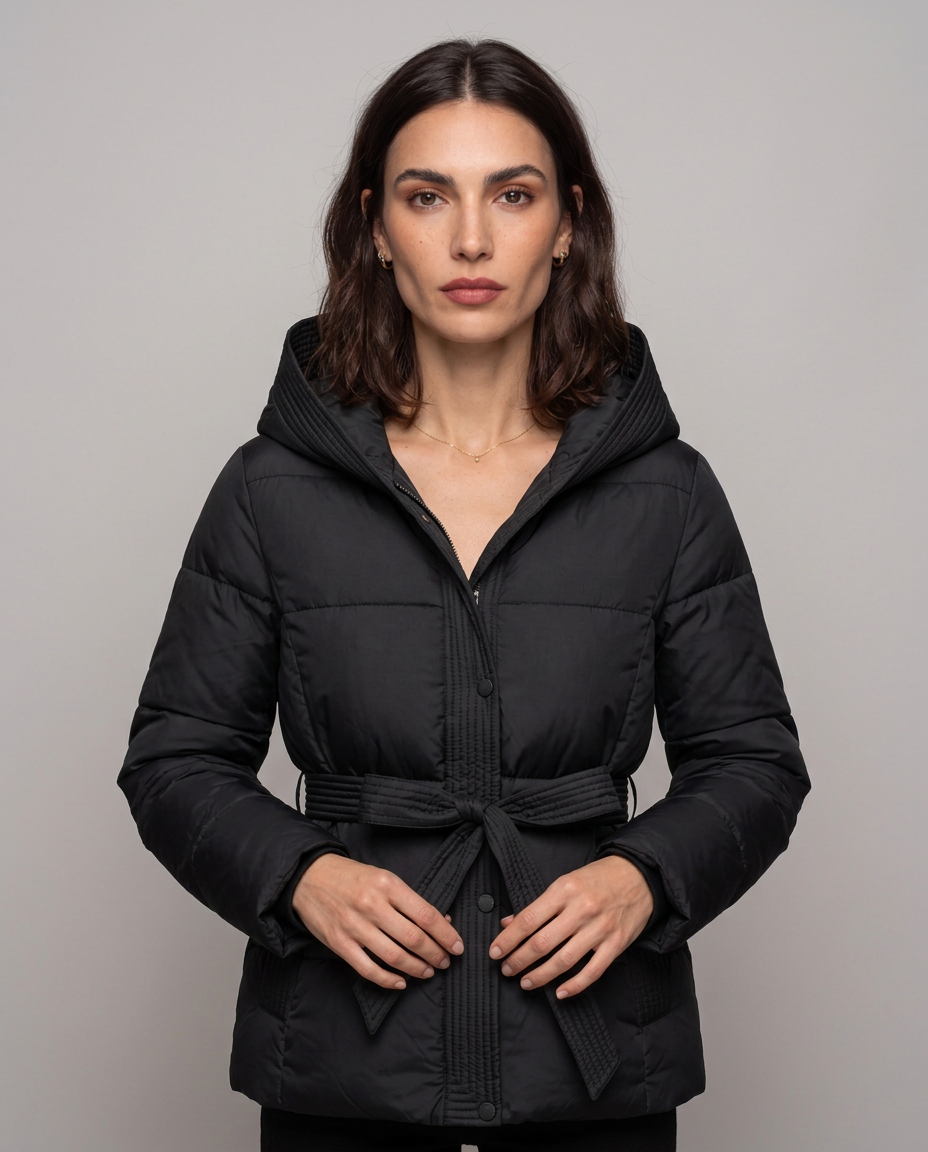 Chaqueta Acolchada Corta con Cinturón y Capucha